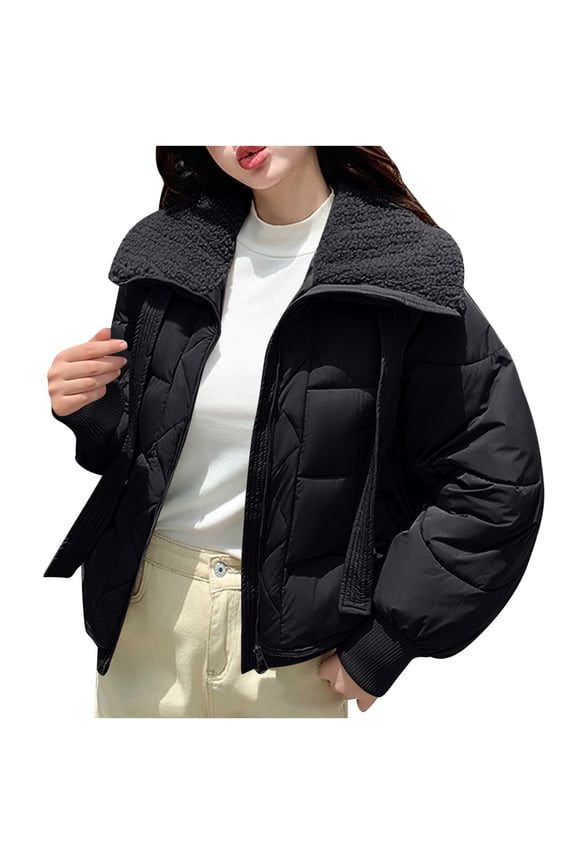 Womens Wide Fleece Collar Grid Quilt Drop Shoulder Oversized Short Puffer Jacket, Ribbed Cuff Dual Hand Pockets Relaxed Silhouette Black XXL