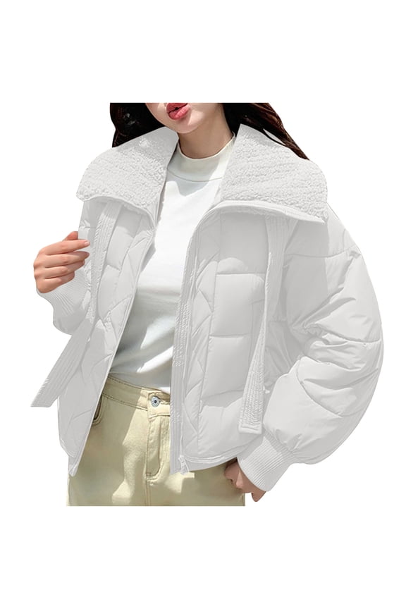 Womens Wide Fleece Collar Grid Quilt Drop Shoulder Oversized Short Puffer Jacket, Ribbed Cuff Dual Hand Pockets Relaxed Silhouette White M