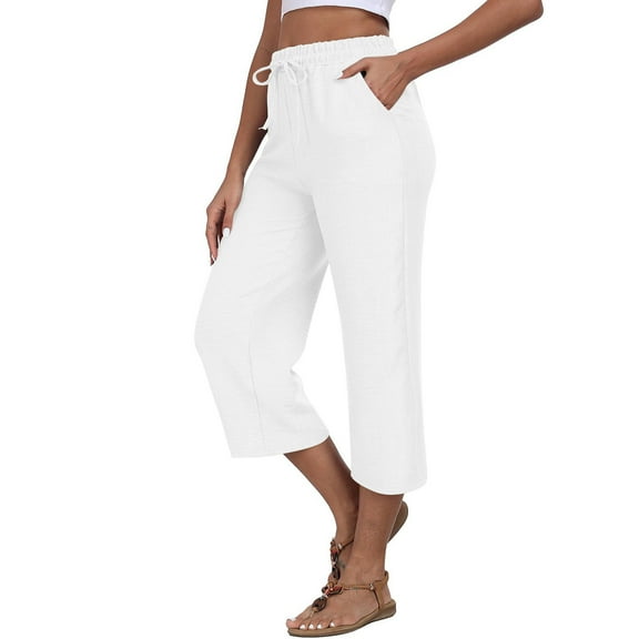 Olyvenn Womens Wide Leg Palazzo Capri Pants Loose High Waisted Wide Leg Lounge Pants Flowy Cropped Beach Work Trousers White S