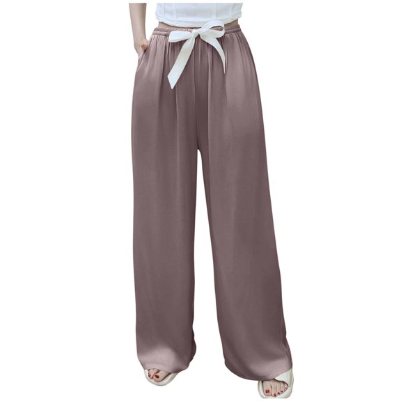 Olyvenn Womens Wide Leg Pants Solid Drawstring Elastic Waist Pant Summer Vacation Office Relax Trousers with Pockets Purple Free Size