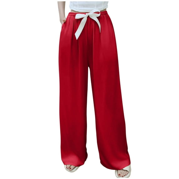 Olyvenn Womens Wide Leg Pants Solid Drawstring Elastic Waist Pant Summer Vacation Office Relax Trousers with Pockets Wine Free Size