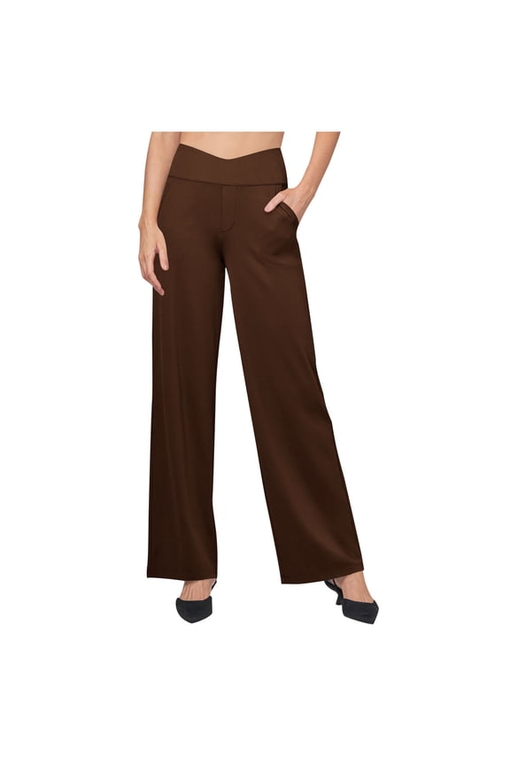 Womens Wide Leg Trouser Yoga Pants with Pockets High Waist Stretchy Work Casual Pant Petite Regular Stretch Dress Pants Brown M