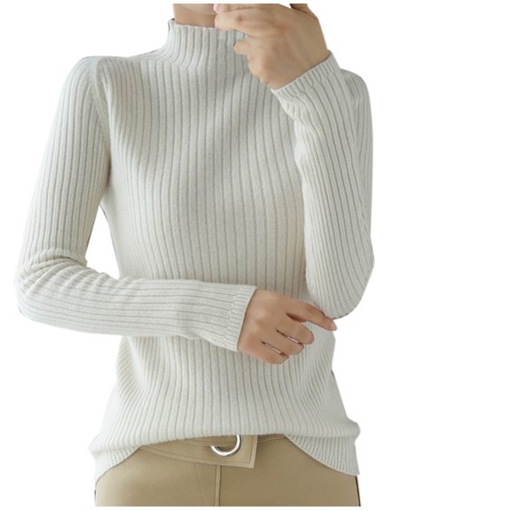 Olyvenn Womens Winter Fashion Basic Long Sleeve Ribbed Knit Tops Turtleneck Sweater Casual Turtle Necks Slim Fitted Outfits White XL