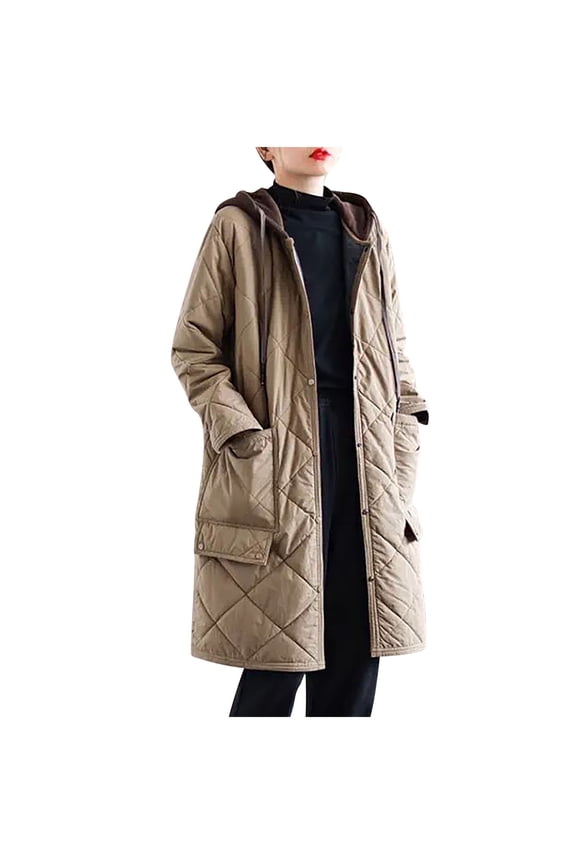 Womens Winter Long Coats Trendy Puffer Jacket Sherpa Fleece Lined down Coat Ladies Long Sleeve Parka Oversized Hood Khaki L