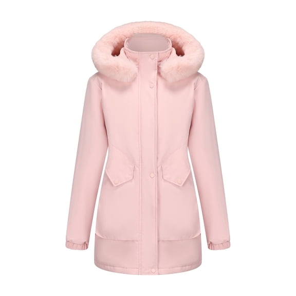 Olyvenn Womens Winter Puffer Coat Thicken Fleece Lined Down Jacket Long Sleeve Waterproof and Windproof Faux Fur Hooded Parka Pink S
