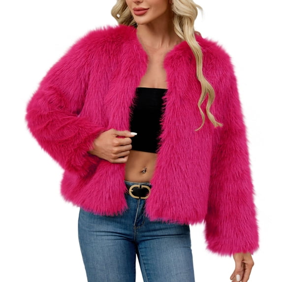 Olyvenn Womens Winter Warm Faux Fur Cropped Coats Long Sleeve Elegant Going Out Jackets Open Front Cardigans Outerwear Hot Pink XL