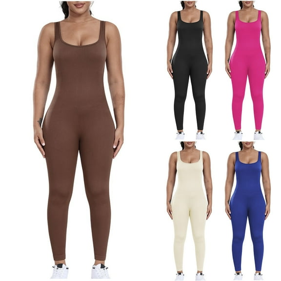 Olyvenn Womens Workout Rompers Jumpsuits Seamless Ribbed Yoga Gym One Piece Sleeveless Square Neck Tank Top Leggings Shapewear Black 8