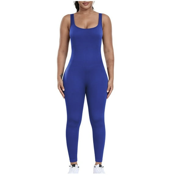 Olyvenn Womens Workout Rompers Jumpsuits Seamless Ribbed Yoga Gym One Piece Sleeveless Square Neck Tank Top Leggings Shapewear Blue 4