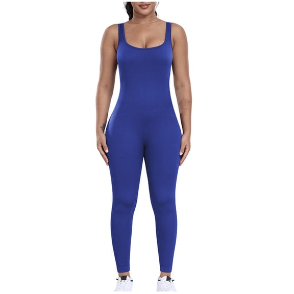 Olyvenn Womens Workout Rompers Jumpsuits Seamless Ribbed Yoga Gym One Piece Sleeveless Square Neck Tank Top Leggings Shapewear Blue 6