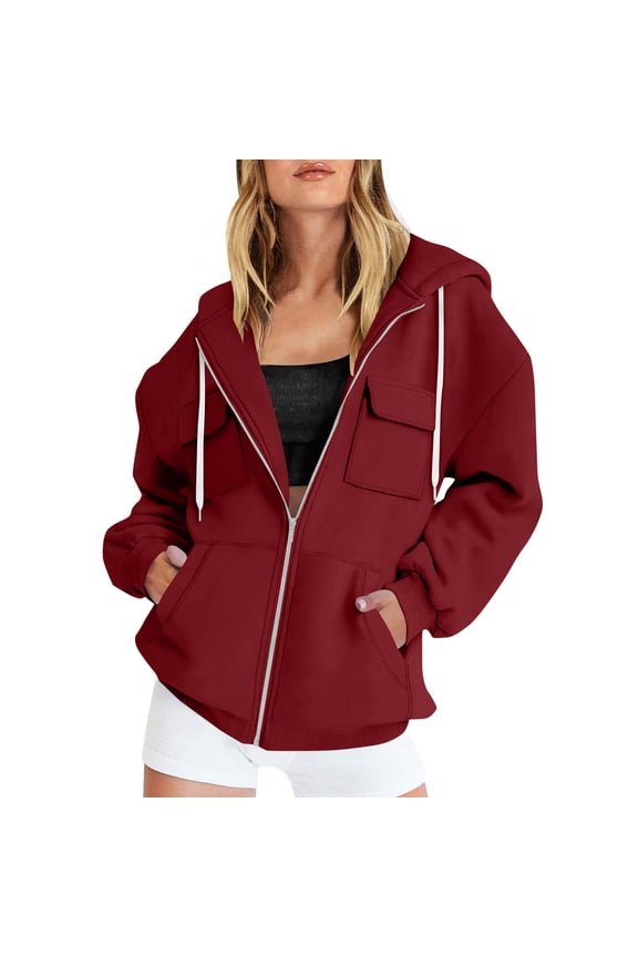 Womens Zip Up Hoodie Long Sleeve Solid Color Drawstring Fall Winter Cropped Oversized Hooded Sweatshirt Jacket Wine XXL