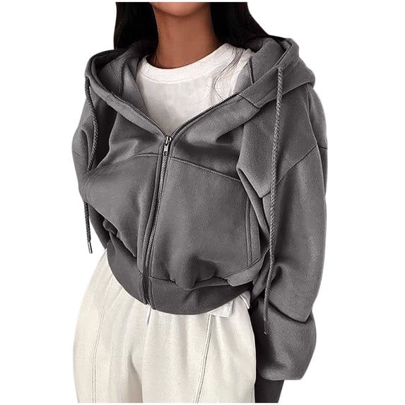 Olyvenn Womens Zip Up Hoodies Cropped Sweatshirts Casual Comfy Long Sleeve Hooded Jackets Fashion Fall Outfits 2025 Y2K Clothes Gray L