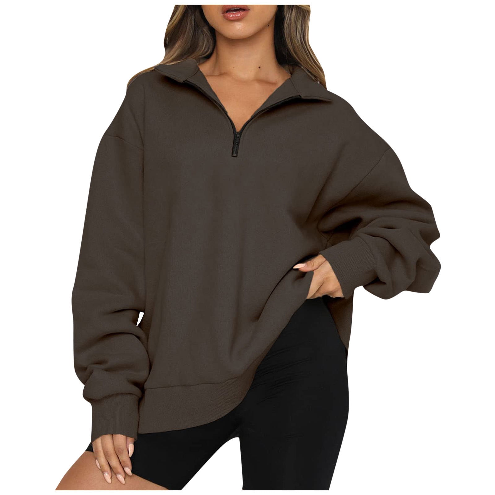 Olyvenn Womens Zipper Lapel Neck Sweatshirts Tops Casual Plus Size Loose Fashion  Women Solid Color Long Sleeve T-Shirt Blouse Pullover Tops For Women 2022  Brown S 