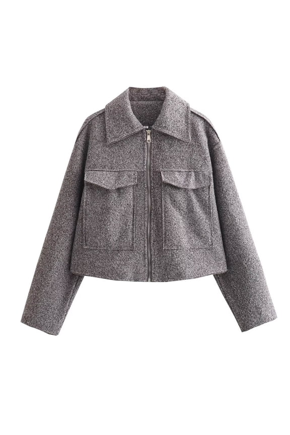 Wool Coats for Women Lapel Zip Up Copped Bomber Jacket Outerwear with Pockets 2025 Lapel Collar Long Sleeve Casual Elegant Coat Dark Gray M