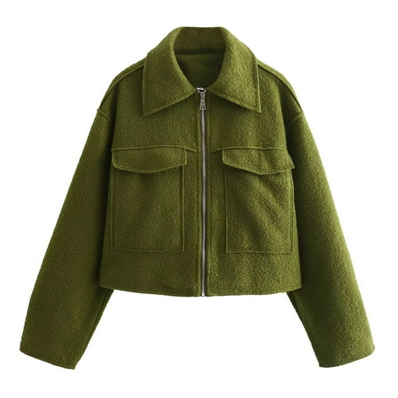 Olyvenn Wool Coats for Women Lapel Zip Up Copped Bomber Jacket Outerwear with Pockets 2025 Lapel Collar Long Sleeve Casual Elegant Coat Green M