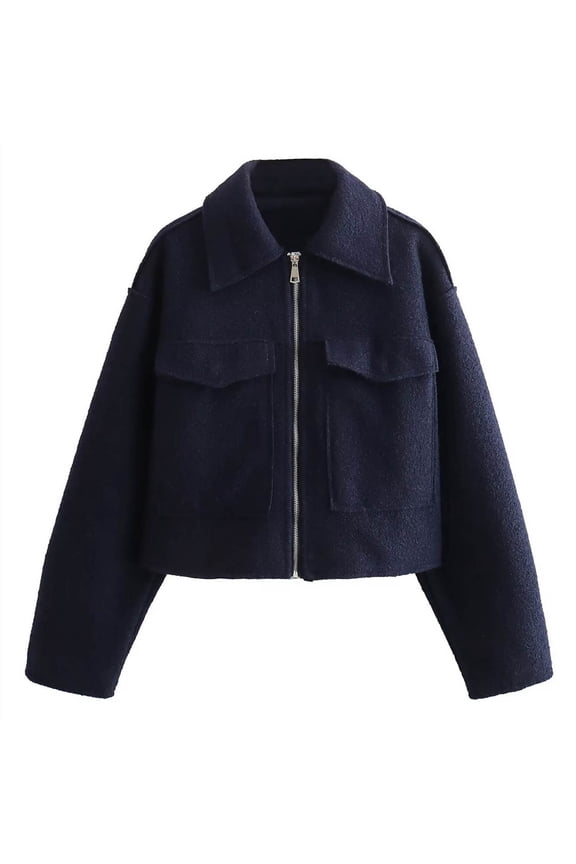 Wool Coats for Women Lapel Zip Up Copped Bomber Jacket Outerwear with Pockets 2025 Lapel Collar Long Sleeve Casual Elegant Coat Navy S