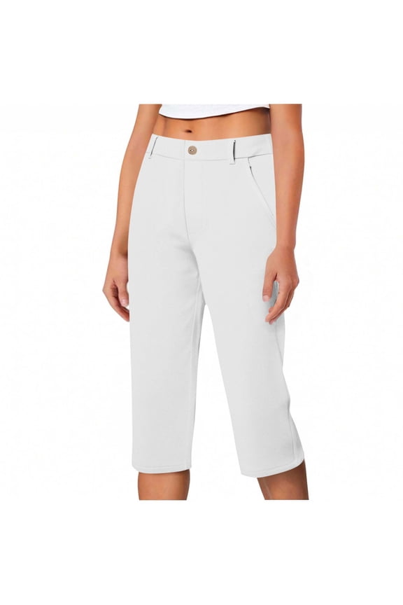 Work Pants for Women Summer High Waisted Stretchy Capris Dressy Casual Golf Capri Pants Pull On Slacks with Pockets White XL