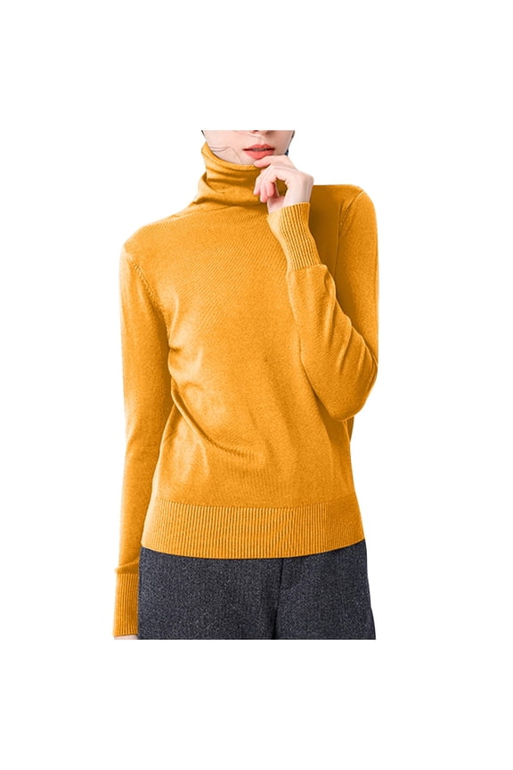 Work Tops for Women Long Sleeve Turtleneck Underwear Causal Fashion Solid Shirts Comfortable Knitted Cotton Blouses Yellow 4-6