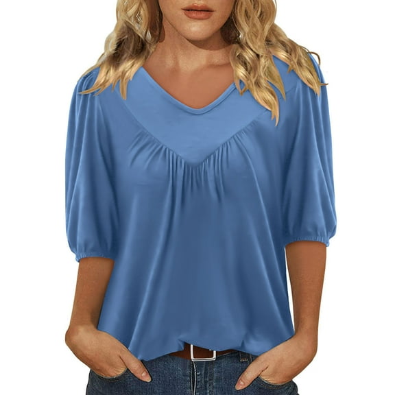 Olyvenn Workout Dressy T Shirt for Women Puff Half Sleeve Loose Tunic Tops Pleated Front Trendy Solid Color Blouses Top Light Blue S