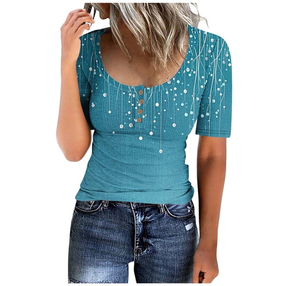 Olyvenn Workout Tops for Women Fashion Floral Helney Shirts Casual Graphic Short Sleeve Lightweight Summer 2025 Blouses Tees Navy M