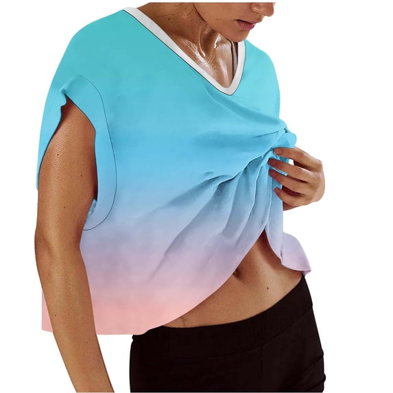 Olyvenn Workout Tops for Women Open Back Short Sleeve Oversized Athletic Shirt Casual Loose Yoga Tee Trendy Gradient Color Crop Top Sky Blue L