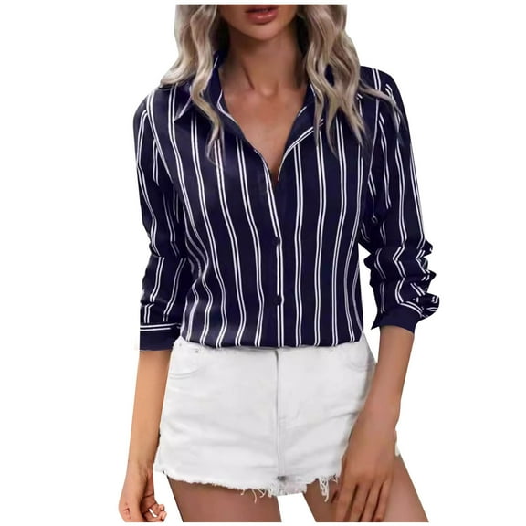 Olyvenn Wrinkle Free Button Down Shirts for Women Charm Slim-Fit Short/Long Sleeve Formal Solid Dress Shirt Blouses Tops Dark Blue 6