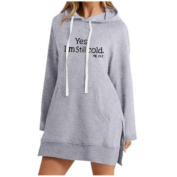 Olyvenn Yes I'm Still Cold Sweatshirts for Women Long Sleeve Split Hoodies Letter Print Fall Clothes Drawstring Hooded Tops with Pocket Gray S