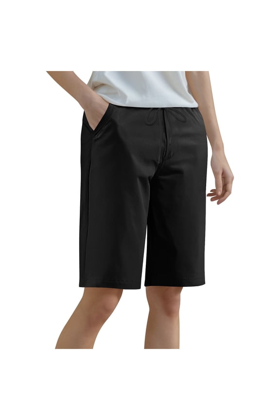 Yoga Sports Shorts Bermuda Shorts for Women Summer High Waisted Knee Length Pants Long Gargo Shorts Hiking Cropped Pant with Pockets Black M
