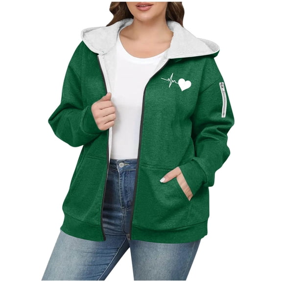 Olyvenn Zip Up Fleece Coat Hoodie Women Oversized Fall Fashion Love Print Long Sleeve Hooded Sweatshirts Casual Y2K Jacket 2025 Winter Clothes Green XXXXL