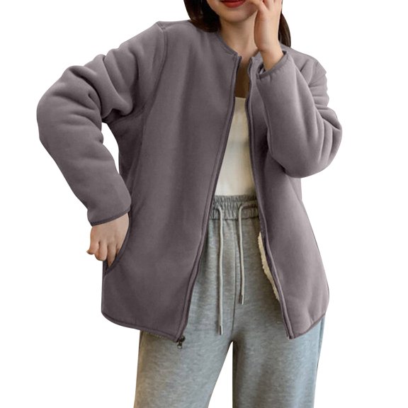 Olyvenn Zip Up Fleece Jacket Women No Hood Comfort Oversized Sweatshirt Cardigan Fleece Flight Jacket Zipper Warm Coat Dark Gray M