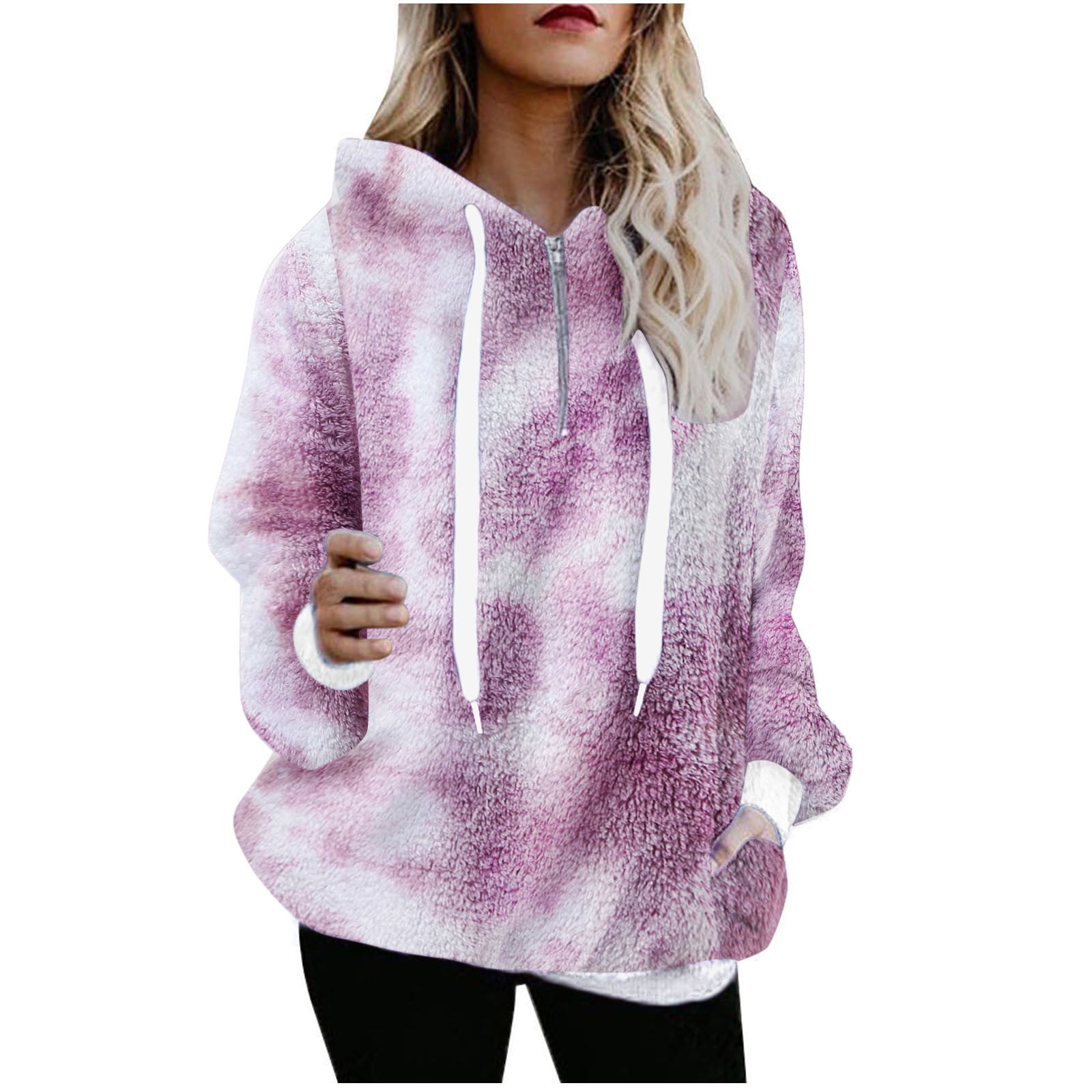 Olyvenn Zip Up Hoodie Fleece Sweatshirt Womens Plus Loose Casual Warm Winter Tie Dye Ladies Drawstring Pullover Jumper Female Outerwear Purple M