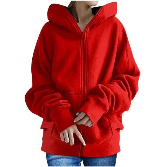 Olyvenn Zip Up Hoodie Sweatshirts Midi Coat Tops With Pockets Women's Solid Color Solid Color Loose Casual Long Sleeve Female Outerwear Red L
