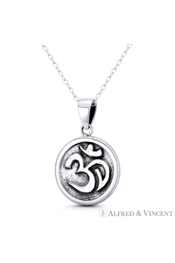 Om Aum Symbol Hindu / Buddhist Charm 29x19mm (1.1x0.75in) Pendant & Chain Necklace in Oxidized .925 Sterling Silver