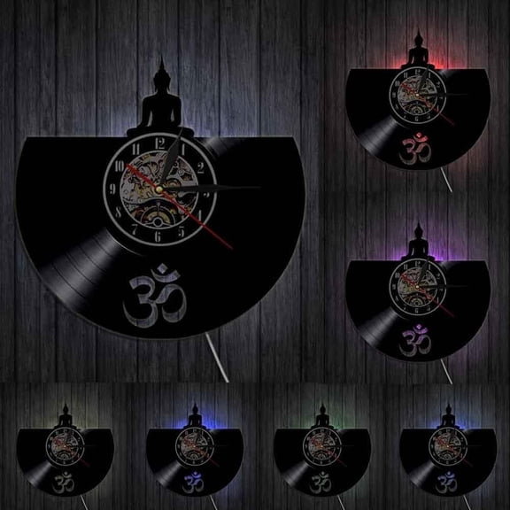 Om Buddha Meditation Zen Wall Art Wall Clock Yoga Studio Wall Decor Vinyl Record Wall Clock Sitting Buddha Clock Yoga Relax Gift With LED