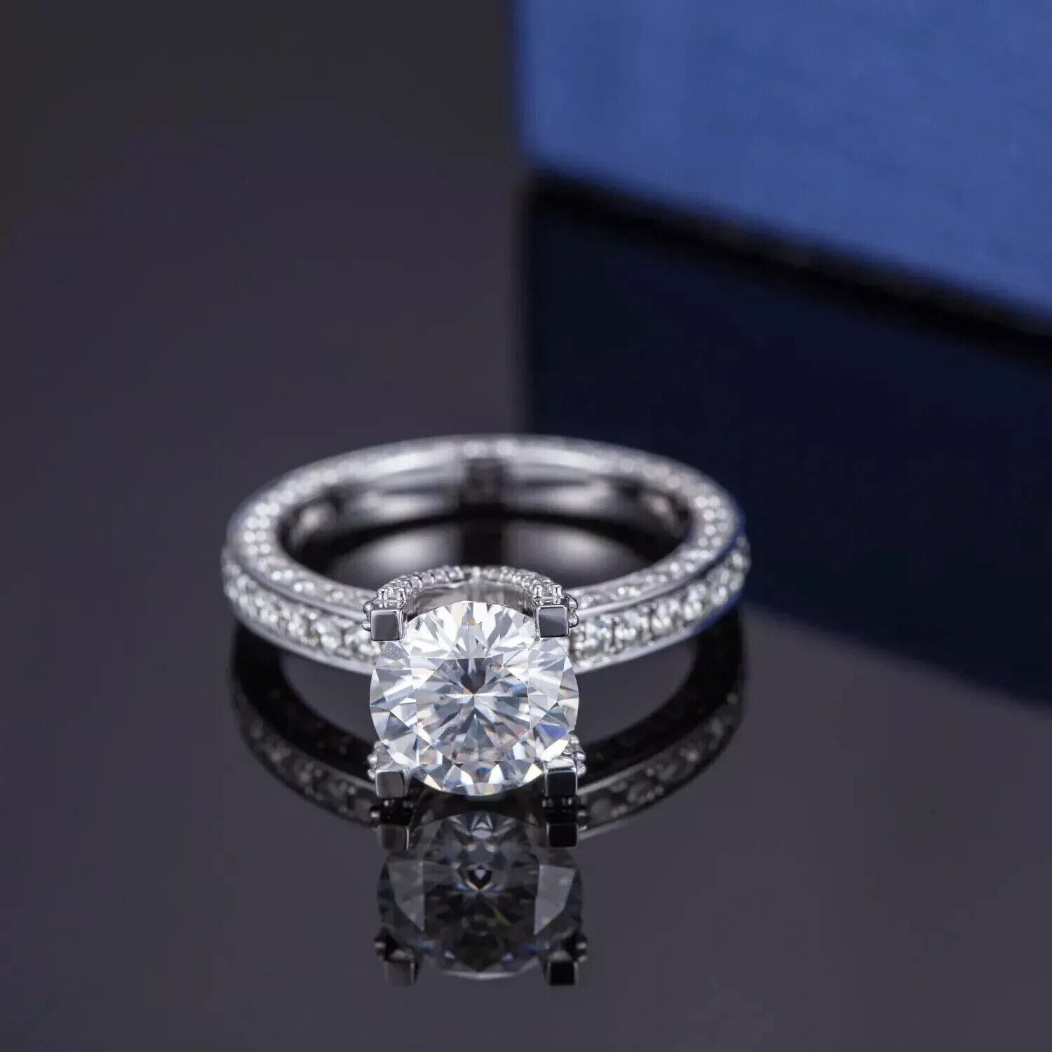 Om Jewels 14k White Gold Plated Round Cut Moissanite Wedding Engagement Ring for Women