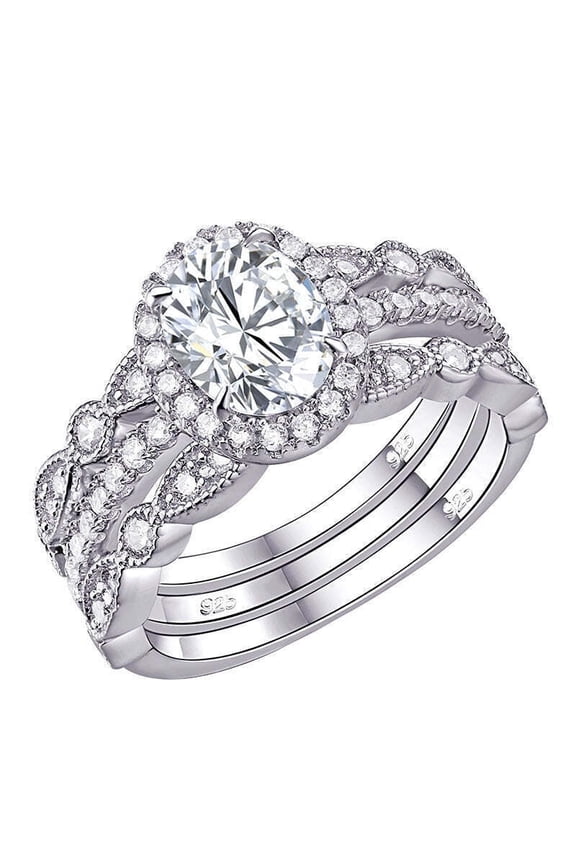 Women's Oval Cut Cubic Zirconia Vintage Style Wedding Bridal Ring Set 14K Whhite Gold Finish