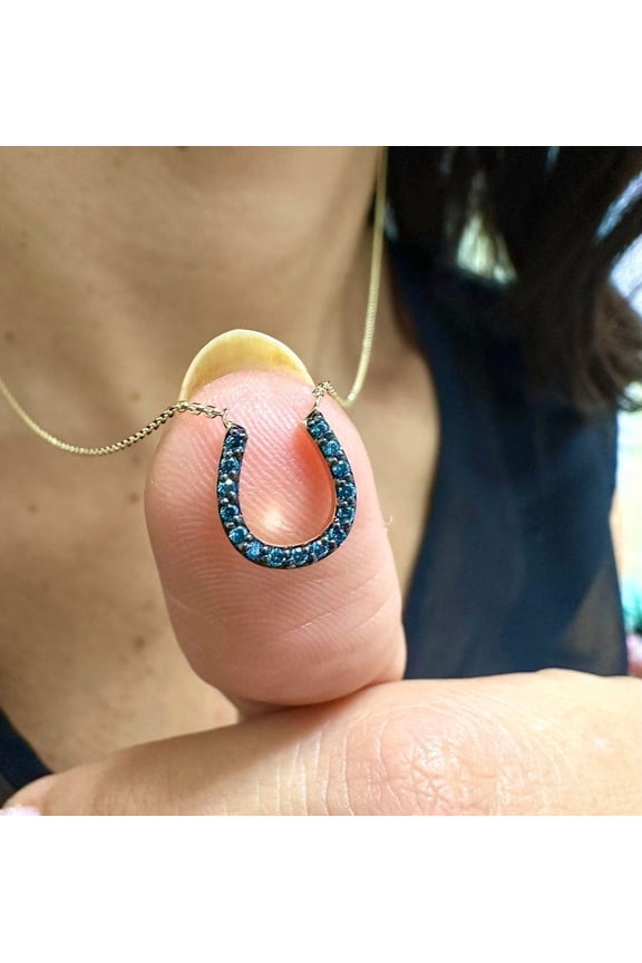 Blue Cubic Zirconia Horse Shoe Pendant Necklace 14K Yellow Gold Finish