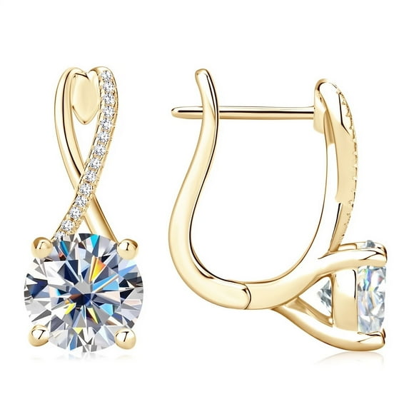 Om Jewels Drop/ Dangle Huggie Women Earring 14k Yellow Gold Finish D/VVS1 Round Cut Moissanite Silver