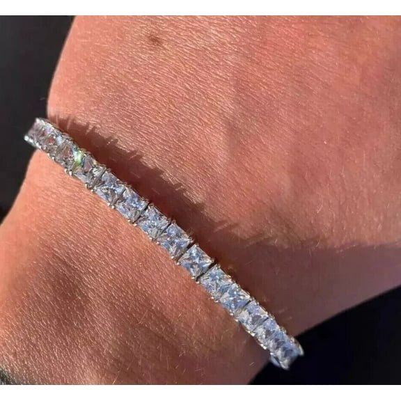 Om Jewels Men's Tennis Bracelet Princess Cut REAL Moissanite 14K White Gold Plated