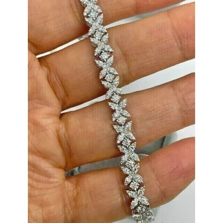 Om Jewels Round Cut REAL Moissanite Flower Women's Tennis Bracelet 14K White Gold Plated