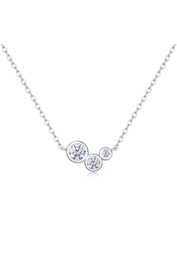 Three Stone Bezel Set Dainty Necklace Round Cut Moissanite 14k White Gold Plated