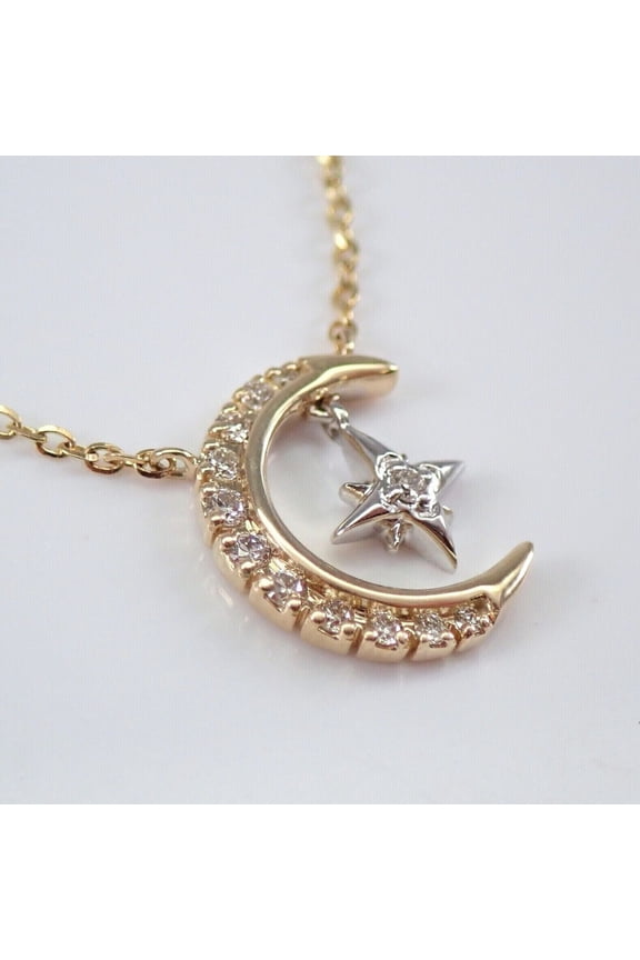 Women Moon Star Pendant Necklace 14K Two Tone Gold Plated White Moissanite
