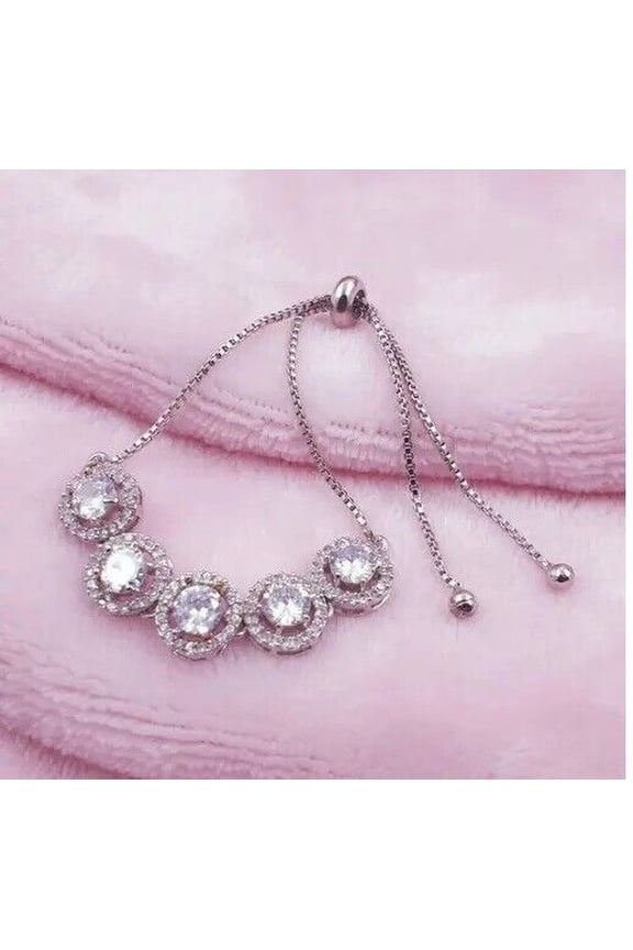 Women's Fancy Bolo Bracelet 14K White Gold Plated Round Cut REAL Moissanite