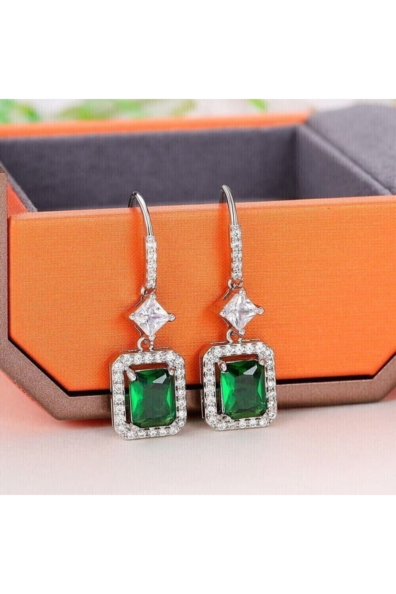 Women's Green Lab Created Emerald Drop Dangle Earrings 14K White Gold Finish