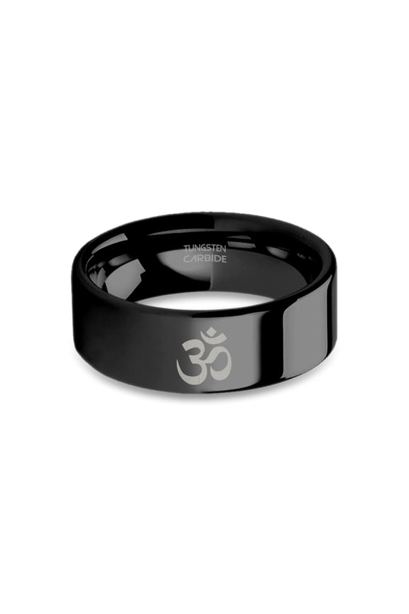 Om Meditation Character Engraved Black Tungsten Carbide Ring, 8mm, Size 13