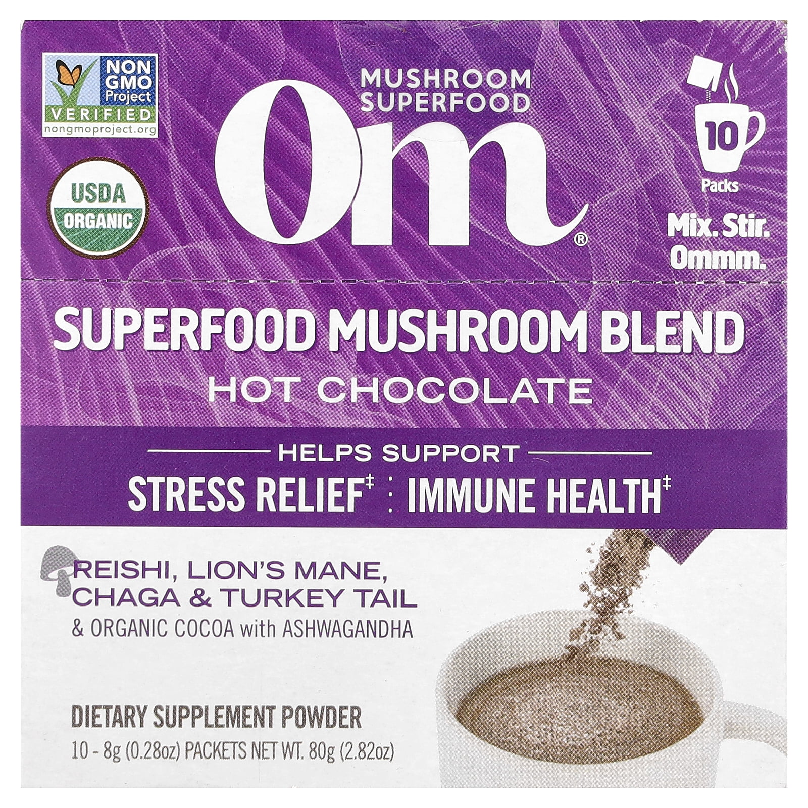 Om Mushrooms Superfood Mushroom Blend, Hot Chocolate , 10 Packets, 0.28 Oz (8 G) Each