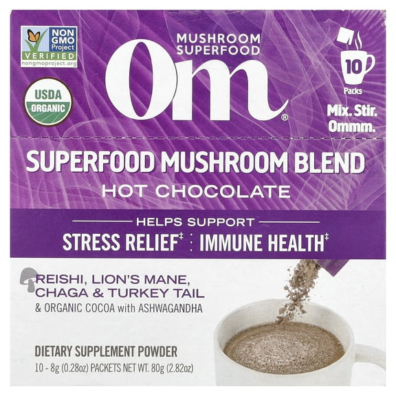 Om Mushrooms Superfood Mushroom Blend, Hot Chocolate , 10 Packets, 0.28 oz (8 g) Each