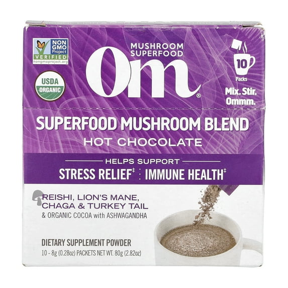 Om Mushrooms Superfood Mushroom Blend, Hot Chocolate , 10 Packets, 0.28 oz (8 g) Each