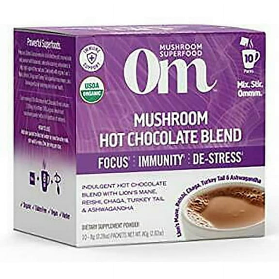 Om Mushroom Superfood Hot Chocolate Blend Mushroom Powder, Single Serve, 10 Count, Dutch Cocoa, 2g of Sugar, 25 Calories, Lion's Mane, Reishi, Chaga, Turkey Tail, Focus and Stress Support