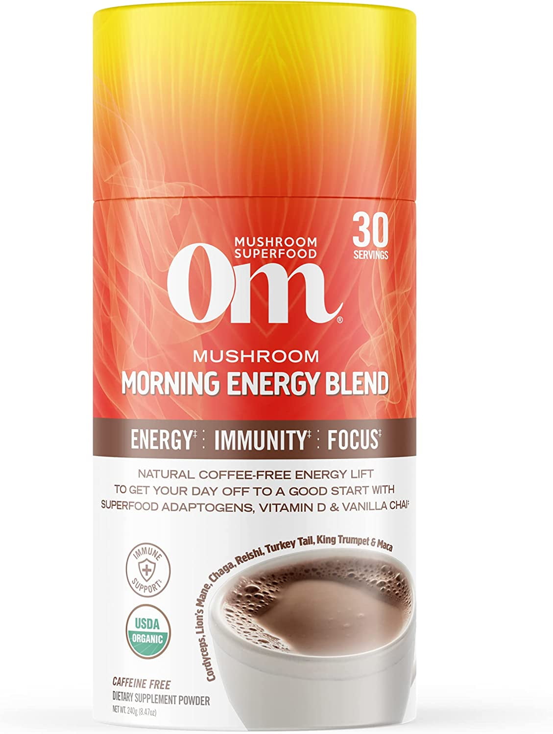 Om Mushroom Superfood Morning Energy Blend Mushroom Powder Drink, 8.47 Ounce Canister, Coffee Free Energy Drink with Cordyceps, Vitamin D2, Agaricus Bisporus, Lion's Mane, Rhodiola, and Turkey Tail