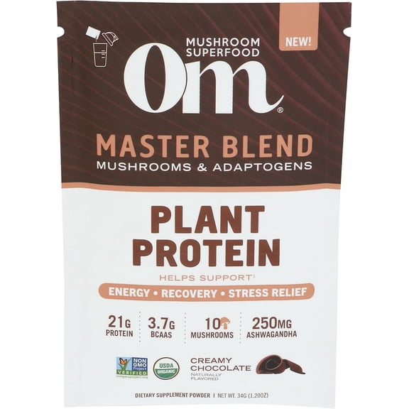 Om Mushroom Superfood, Protein Plant Based Master Blend Chocolate Single, 1.3 Ounce